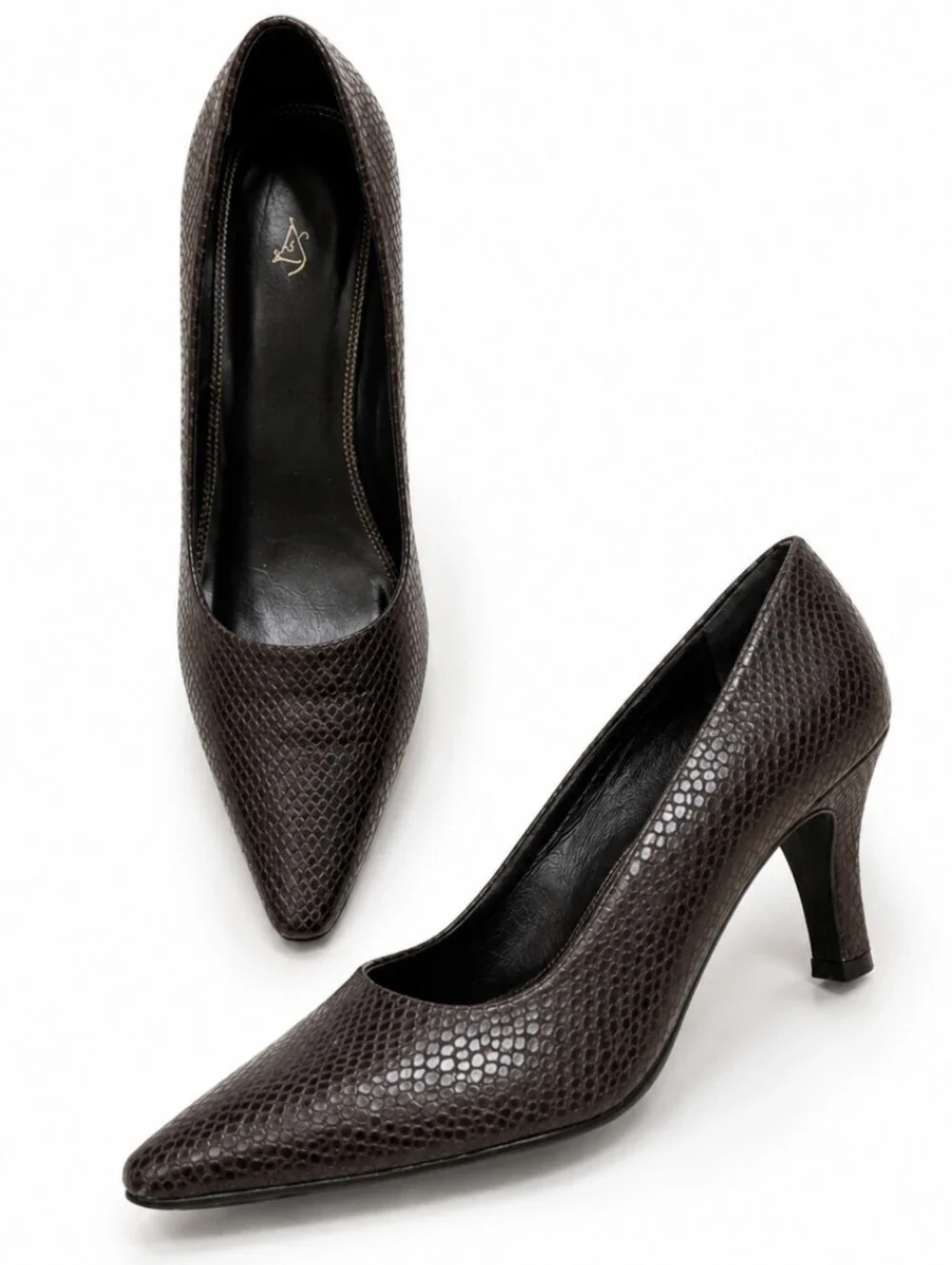 Angeline Brown Snakeskin Pointed Toe Heels Pumps 9.5 Y2K Quiet Luxury